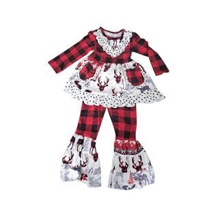 Nordstrom Outfit Girls Small Medium Red Black NWT Plaid Reindeer Ruffle 2 Pc